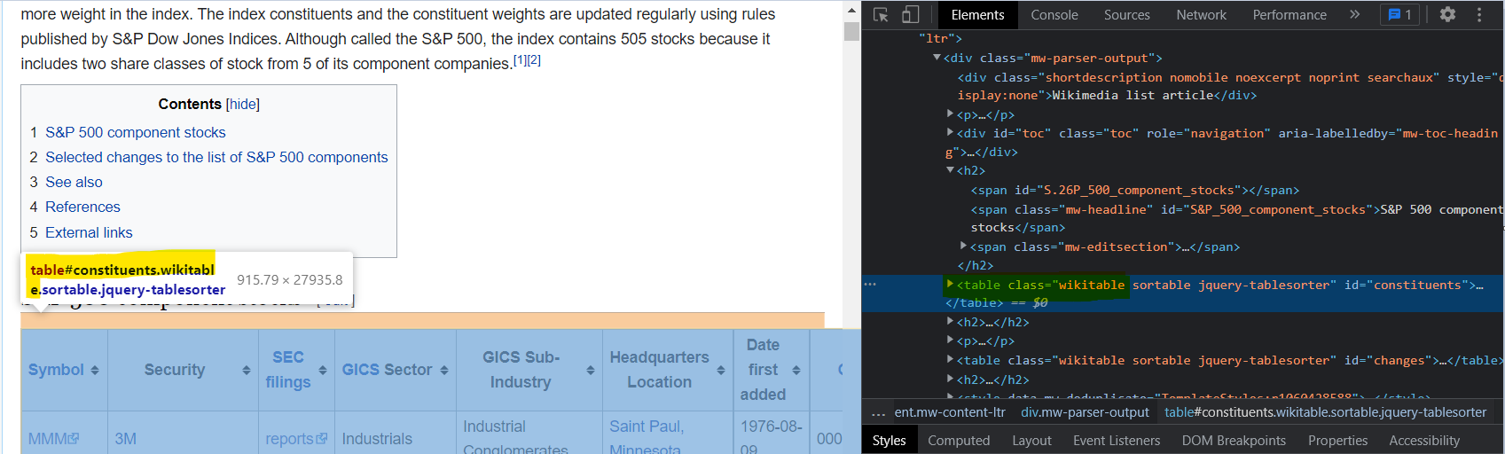 highlighted wikipedia HTML table class in screenshot that has inspect element options on