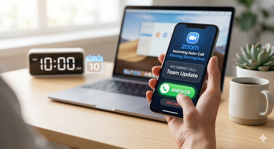 A hand holding a smartphone displaying an incoming Zoom Auto-Call notification for a "Team Update" meeting. In the background, a digital clock reads 10:00 AM on a clean office desk with a laptop and a coffee mug.