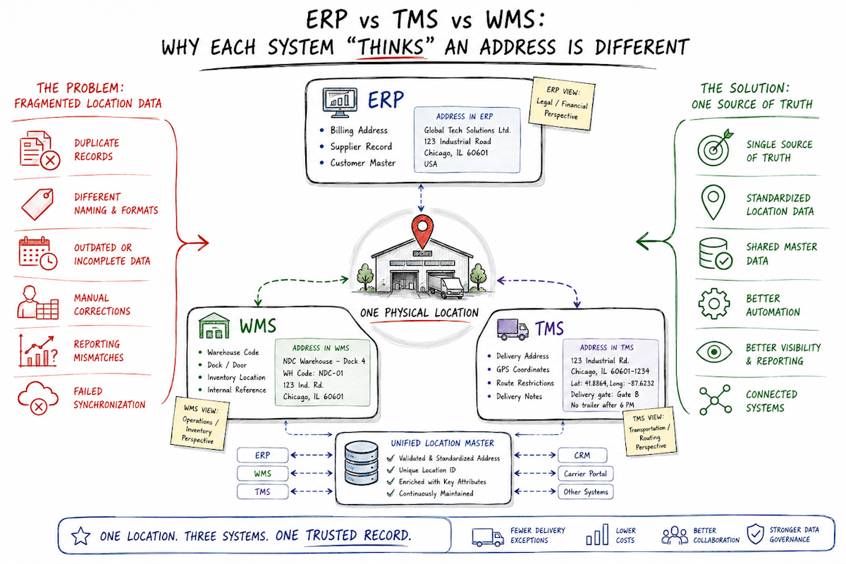 Hand-drawn infographic comparing ERP, WMS, and TMS systems, showing how each stores different versions of the same address and how a unified location data source improves logistics operations.
