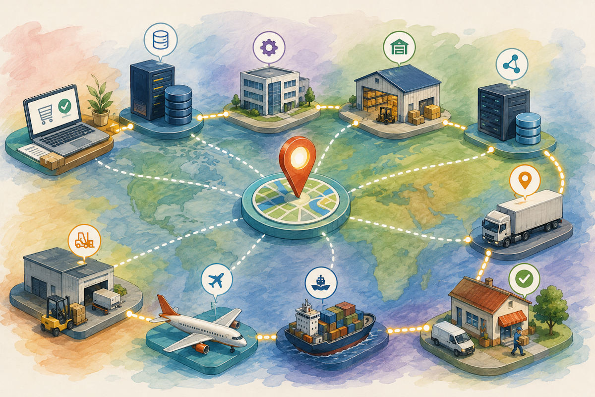 Illustration of a connected logistics network showing location data flowing consistently between systems, warehouses, transportation, and final delivery.