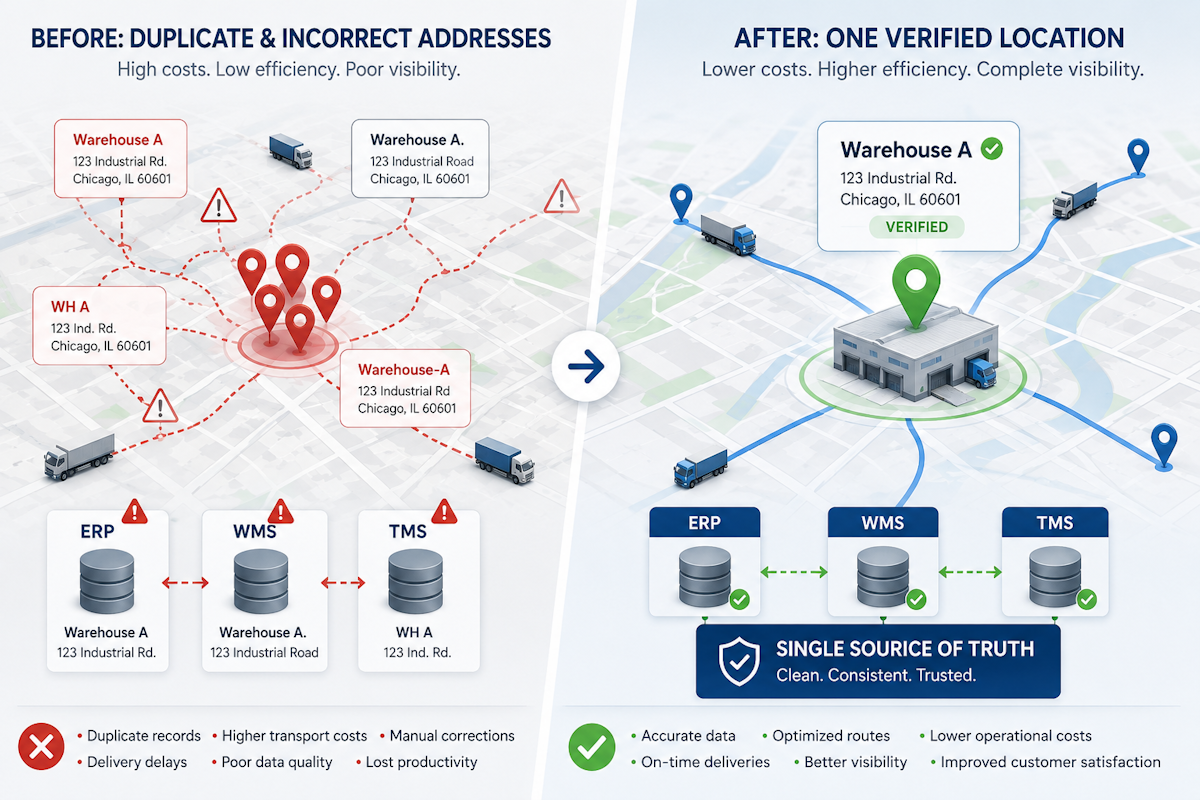 Illustration showing duplicate and incorrect address records across logistics systems causing inefficiencies in a modern supply chain network.