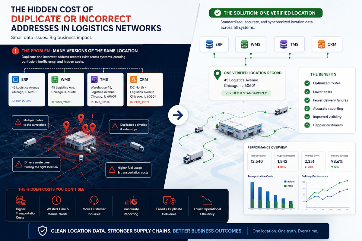 Illustration comparing duplicate and incorrect logistics addresses with a single verified location record, showing the impact on transportation costs, warehouse efficiency, and supply chain visibility.