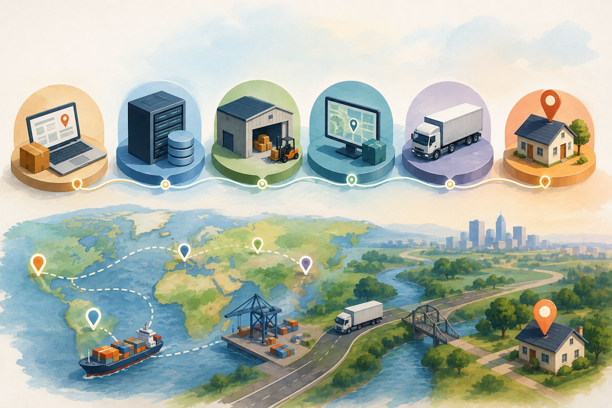 Illustration of location data flowing continuously through connected logistics systems from origin to final delivery.