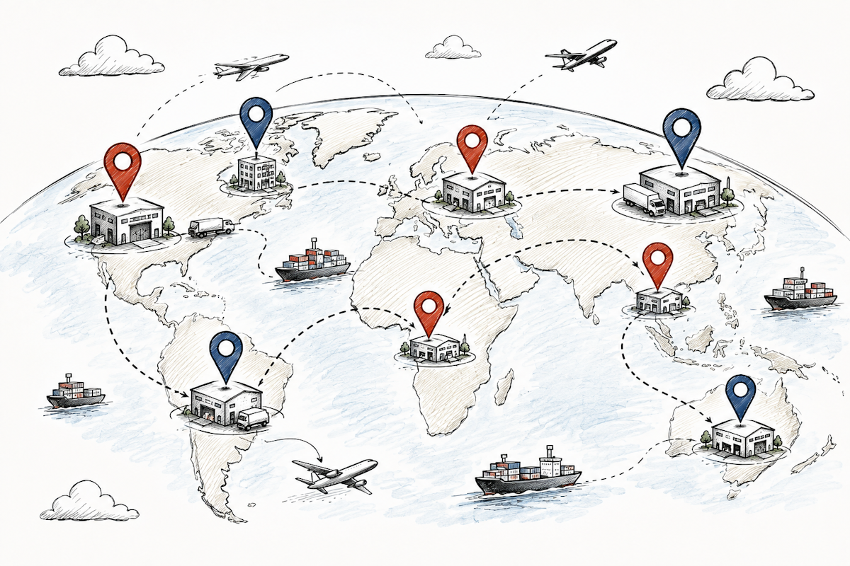 Hand-drawn illustration showing one physical location represented as duplicate records across ERP, WMS, TMS, and CRM systems.