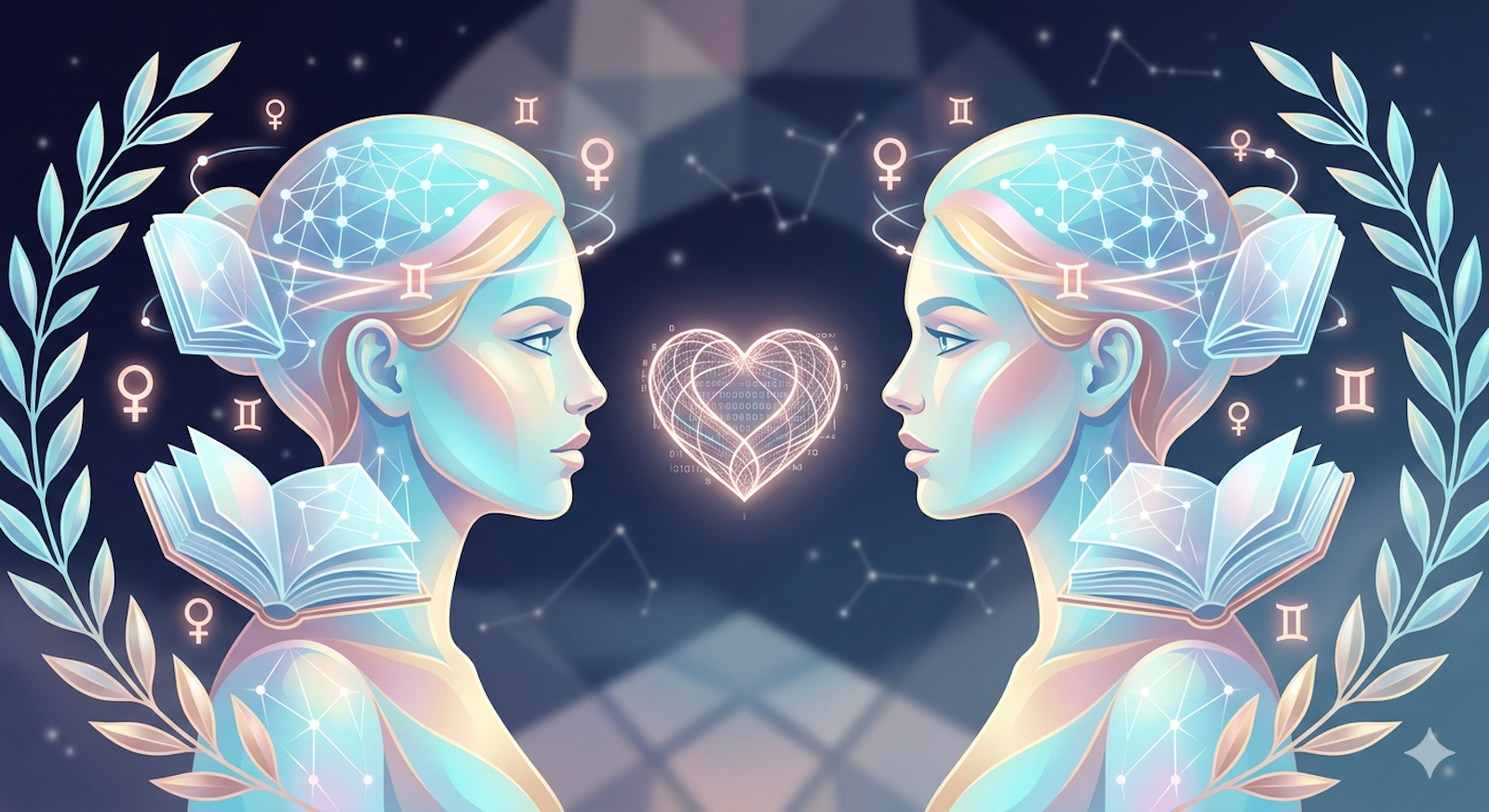 An artistic digital illustration showing the Gemini twins with interconnected digital minds and a geometric light-based heart, symbolizing the Venus in Gemini archetype of intellectual attraction.