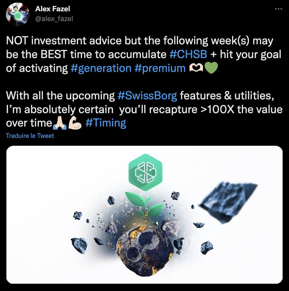 Tweet d'Alex Fazel annonçant un potentiel x100 pour les Generation Premium de l'application SwissBorg