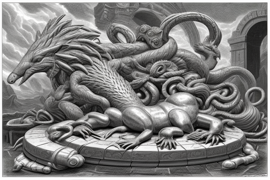 an echidna winning a battle against a medusa on top of a forge, grayscale