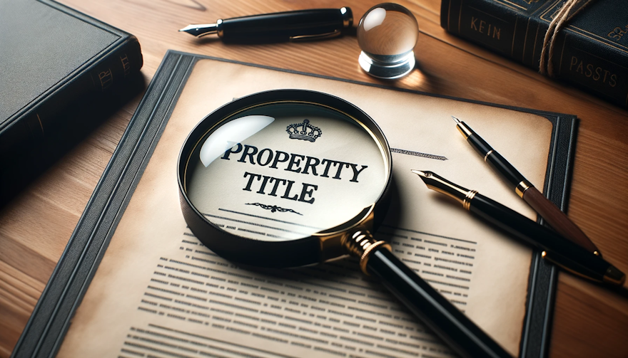 Photo of a clear magnifying glass with a black handle, focusing on a property title document on a polished wooden table. The document is slightly aged