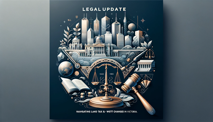 Professional blog header featuring Victoria's skyline and legal symbols, with text '2024 Legal Update: Navigating Land Tax & WGT Changes in Victoria.