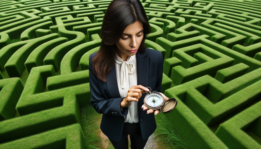 Photo of a Latina woman in professional attire, standing in the middle of a grassy maze. She is examining a vintage compass in her hand, looking deter