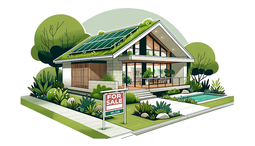 Illustration of a single-story modern Australian home with large windows and a green roof, built using sustainable materials such as bamboo and recycl
