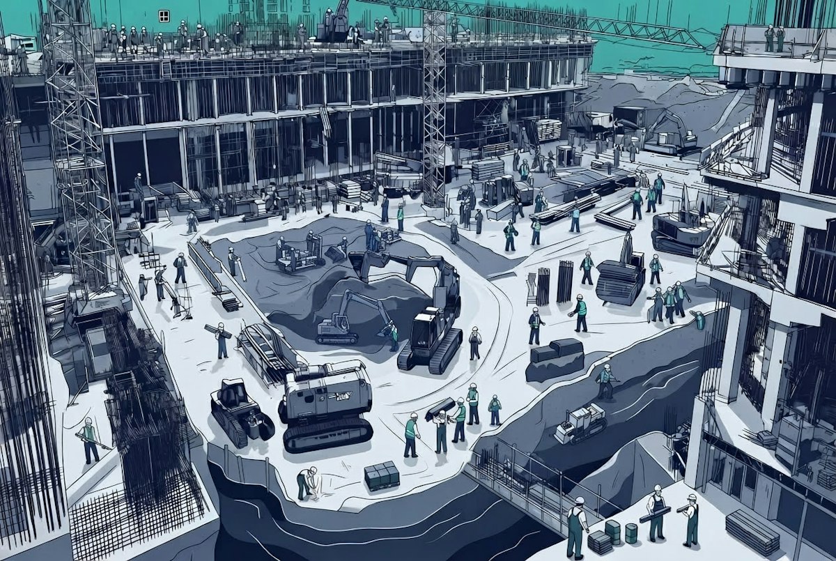 Illustrated aerial view of a busy construction site with dozens of workers, excavators, a tower crane, and a concrete structure under construction.