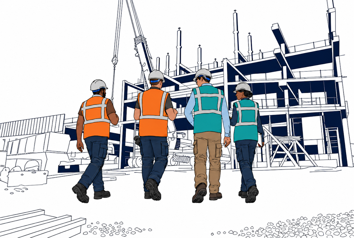 A high-performance construction team walking together toward a building under construction, wearing hard hats and hi-vis vests.