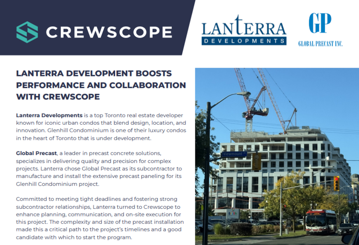 Crewscope case study featuring Lanterra Developments and Global Precast collaborating on a high-rise construction project.