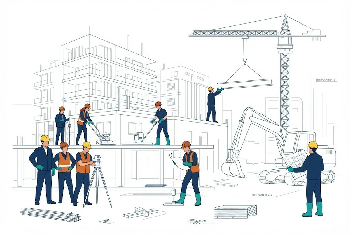 A construction crew working to a shared plan on an active jobsite, with workers, a surveyor, a crane, and an excavator all coordinating toward the same goal.