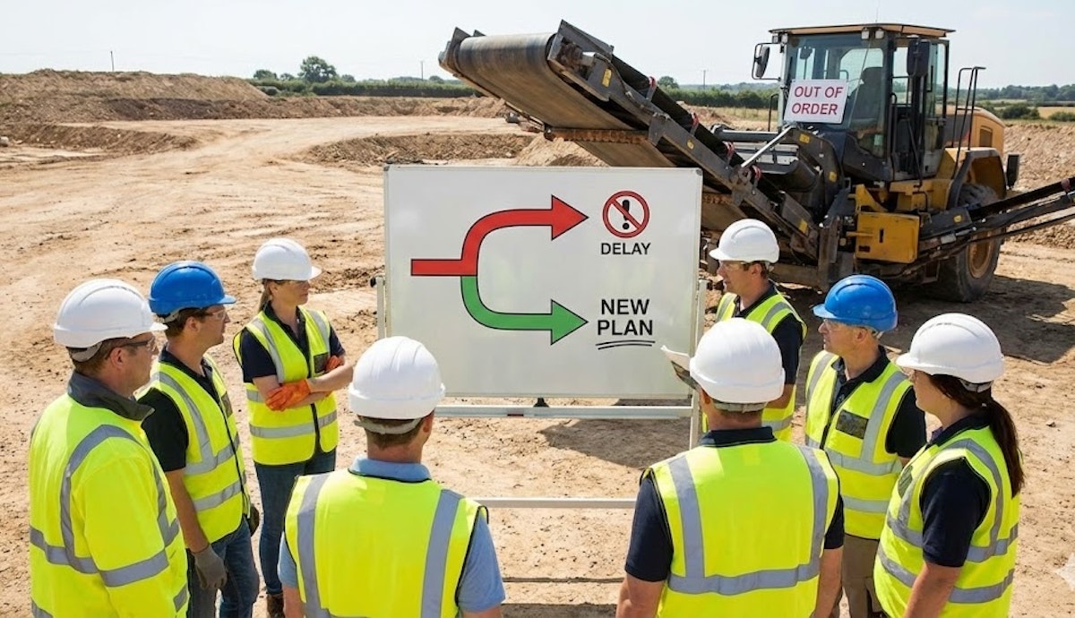 Construction site leader discussing goals with crew members wearing hard hats and safety vests
