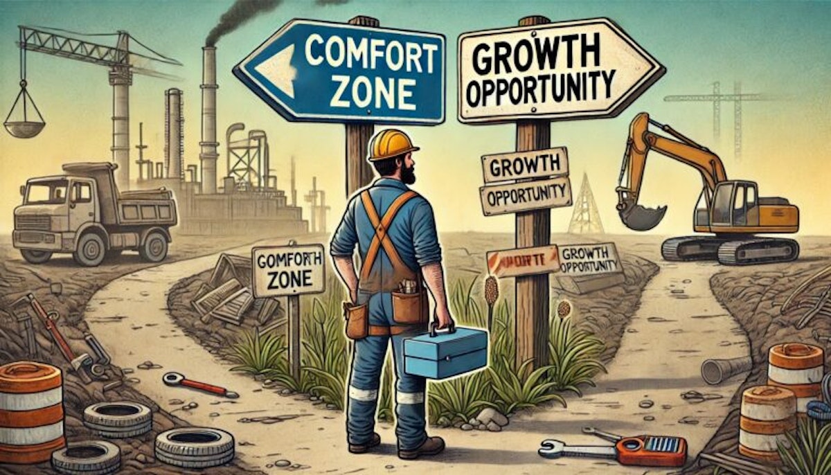 An illustrated construction scene showing a worker wearing a hard hat and holding a toolbox while standing at a crossroads on a job site. Signposts point in two directions labeled “Comfort Zone” and “Growth Opportunity,” surrounded by construction equipment and unfinished work. The image symbolizes choosing learning, growth, and improvement over familiarity, even when challenges and setbacks are present.