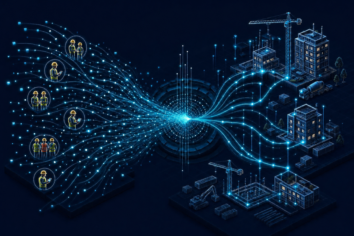 Illustration of construction workers on site connected through a digital data stream to a job site with cranes and buildings, representing Crewscope's AI-native field intelligence platform