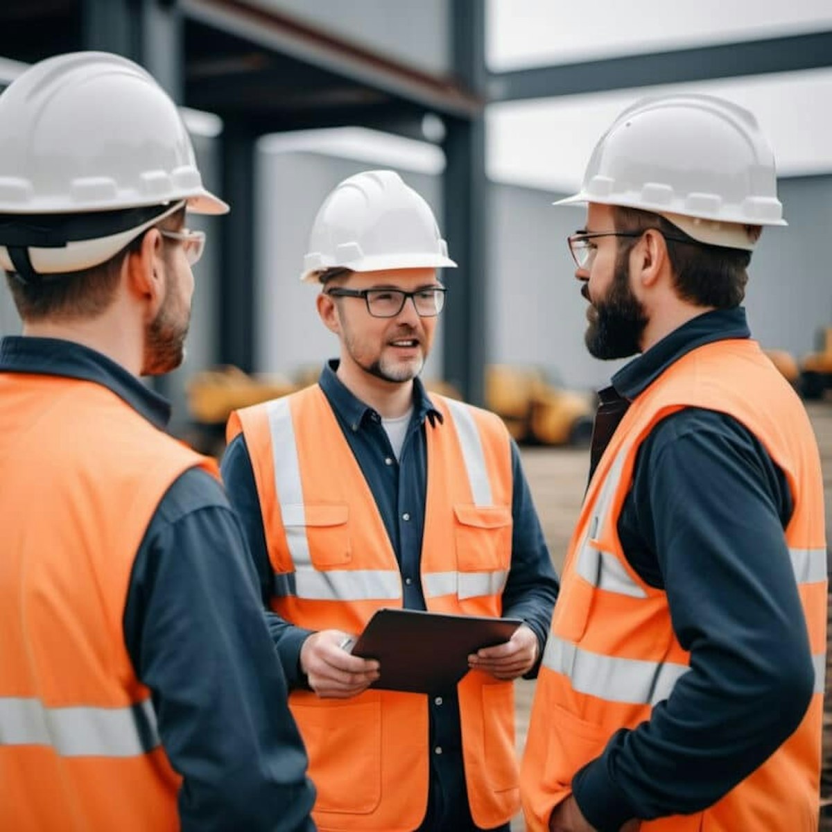 Construction site leader gives feedback to crew members during a job site discussion.