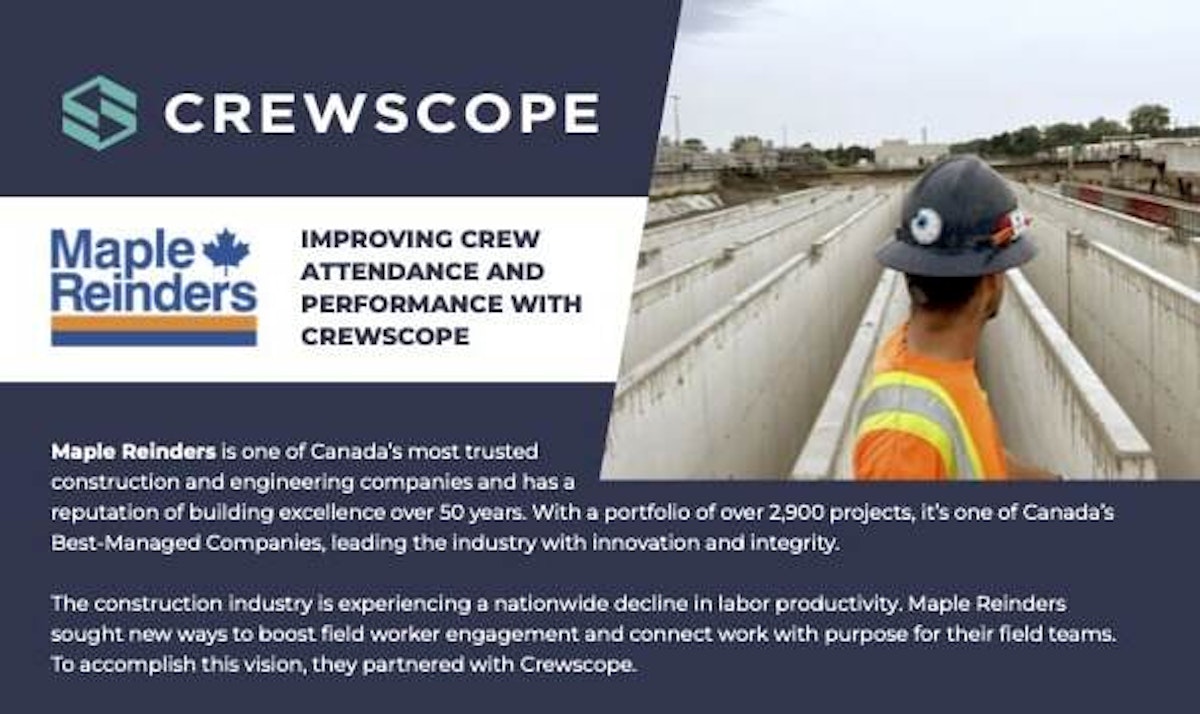 Crewscope case study graphic highlighting Maple Reinders improving crew attendance and performance on a construction project.