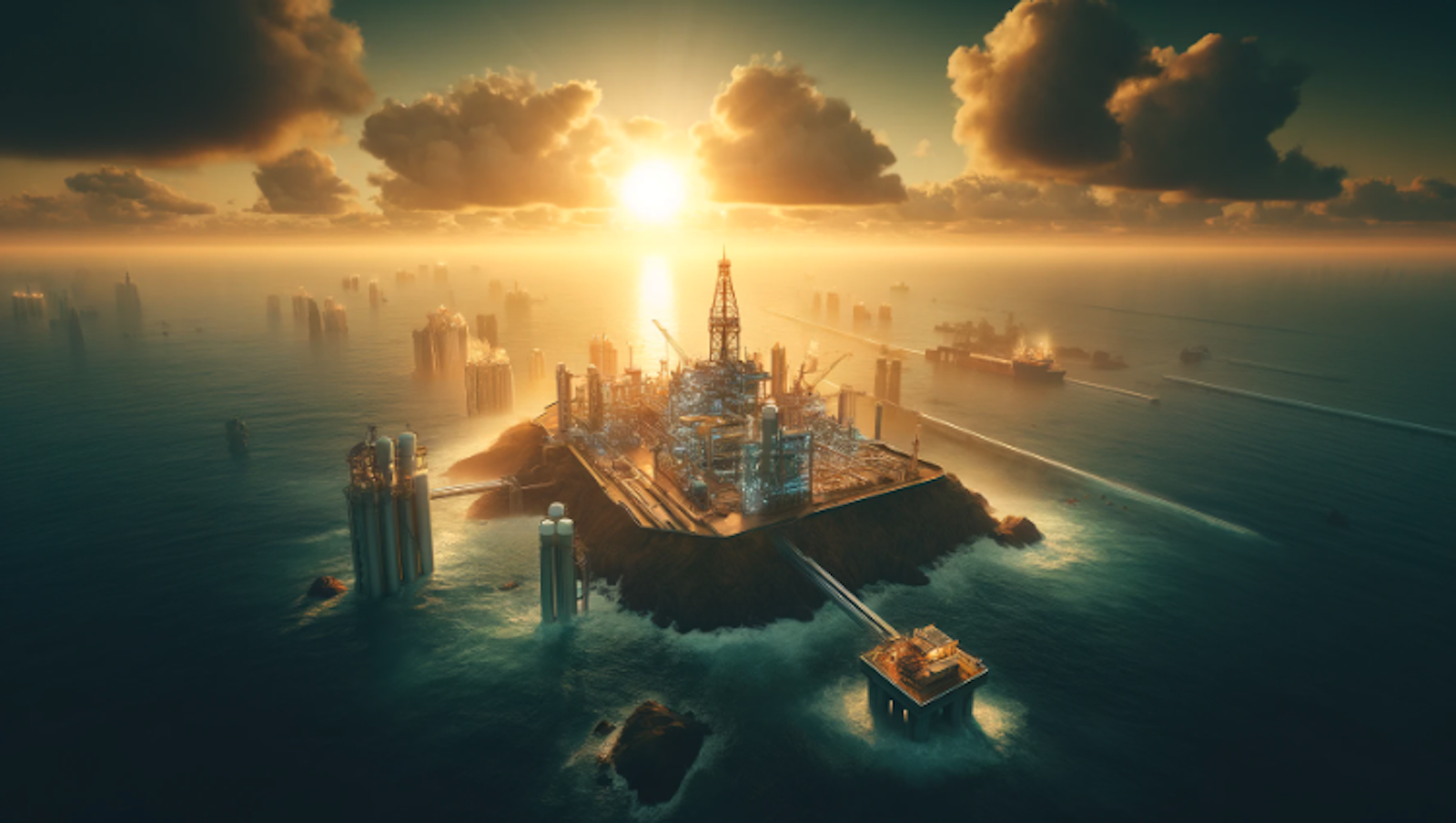 Photorealistic image of Namibia's oil and gas industry featuring an offshore oil rig in the Atlantic Ocean with a golden sunset in the background. Onshore, advanced oil processing facilities and pipelines extend from the coast inland, symbolizing Namibia's emergence as a key player in the global energy market.