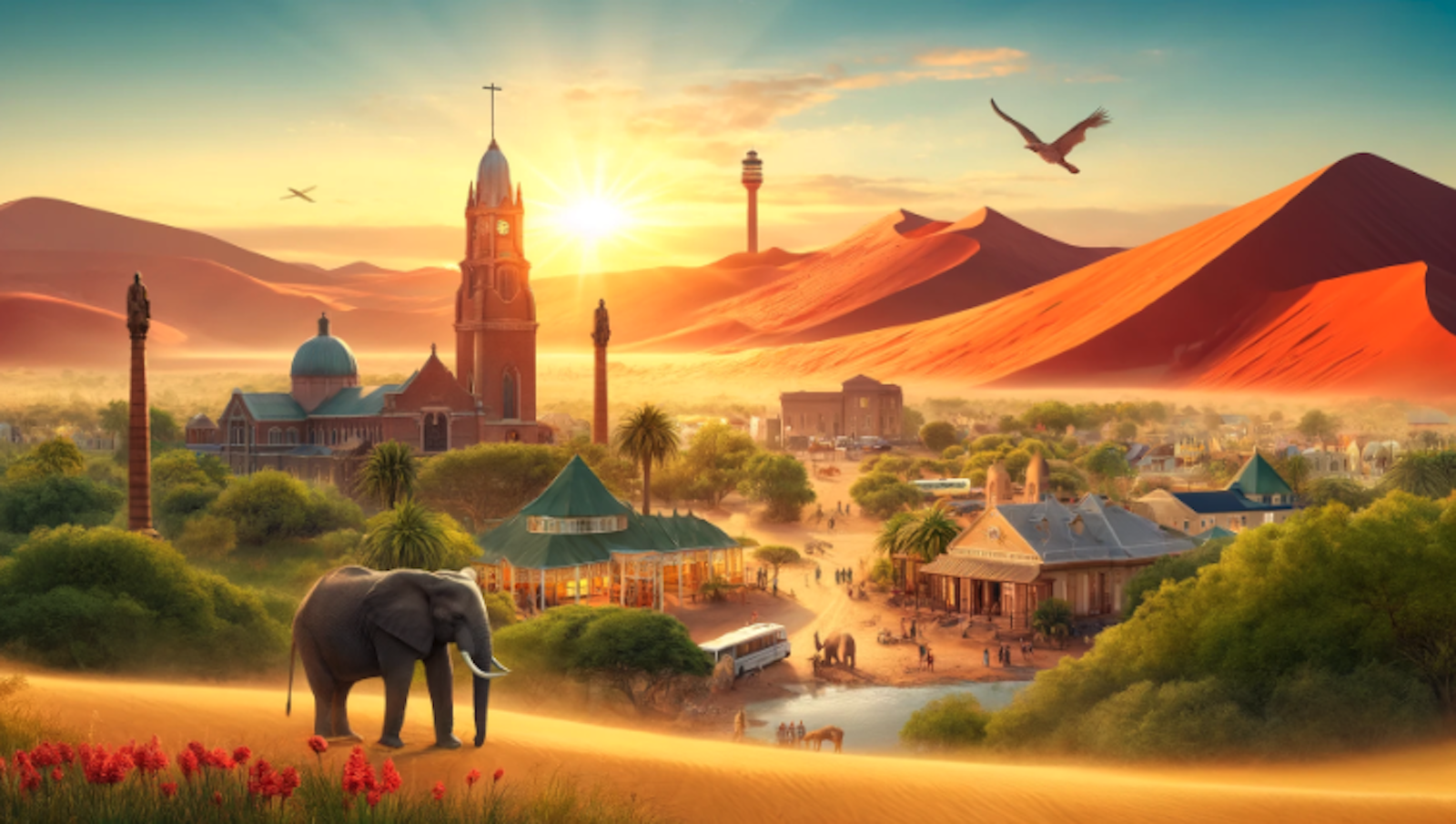 Photorealistic landscape image of Namibia's hospitality and tourism industry, featuring landmarks like Christ Church and the Independence Memorial Museum in Windhoek, the red dunes of Sossusvlei, and elephants in Etosha National Park. The scene is set under a clear, golden sunset sky.