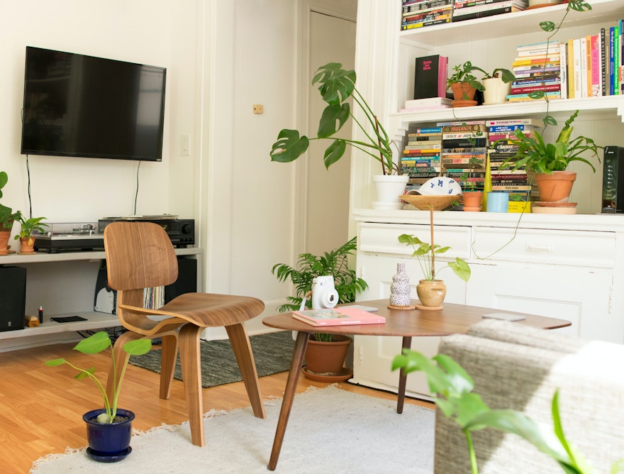 a typically parisian apartment with plants, white walls, wooden furniture and a tv mounted to the wall. 