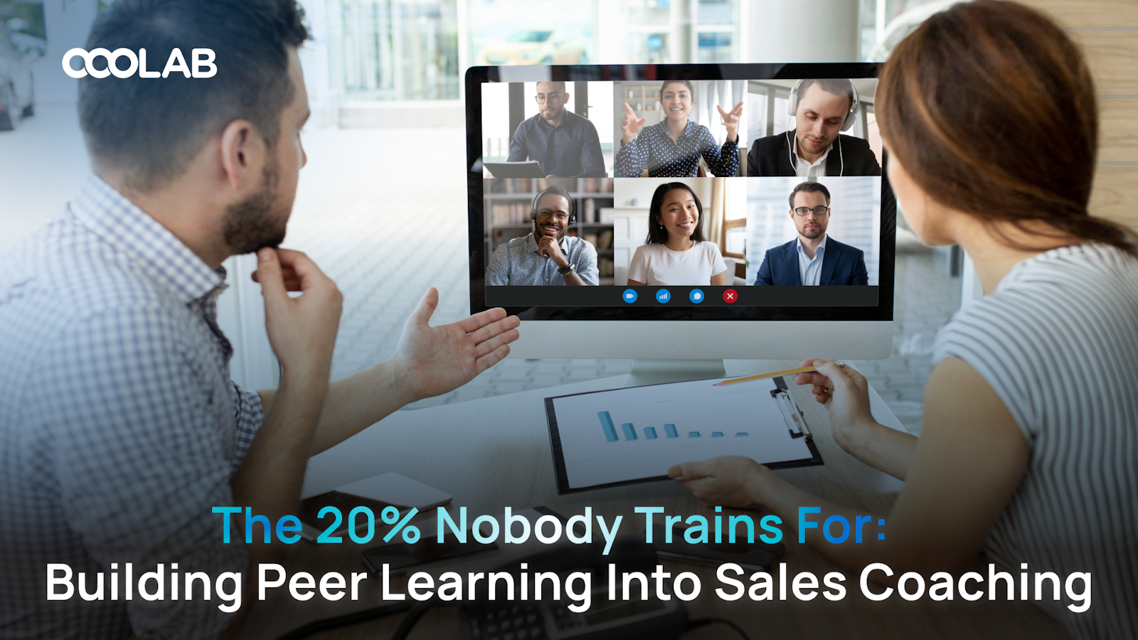 Two sales reps collaboratively reviewing a call recording in a peer coaching session - LearningOS