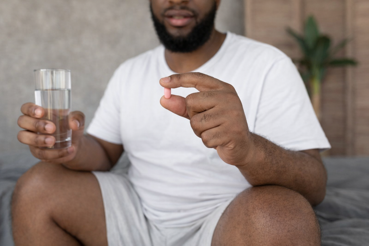 Person holding a pill and a glass of water, demonstrating how an oral medication is taken