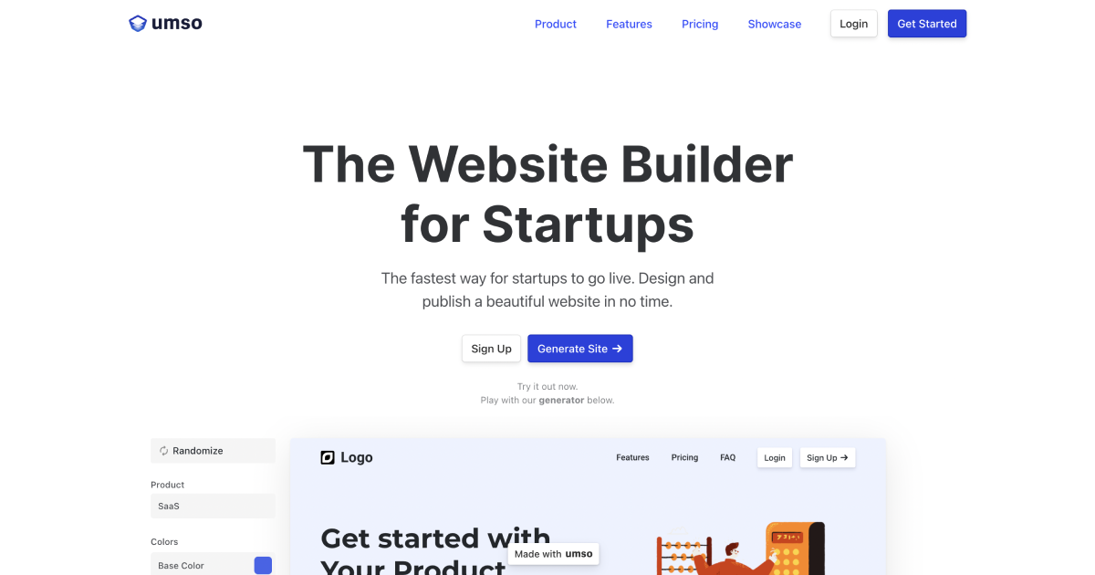 Umso landing page builder hero section.