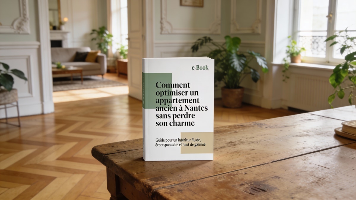 Mockup ebook optimisation appartement ancien Nantes sur table bois, couverture « Comment optimiser un appartement ancien à Nantes sans perdre son charme », intérieur lumineux parquet chevron moulures