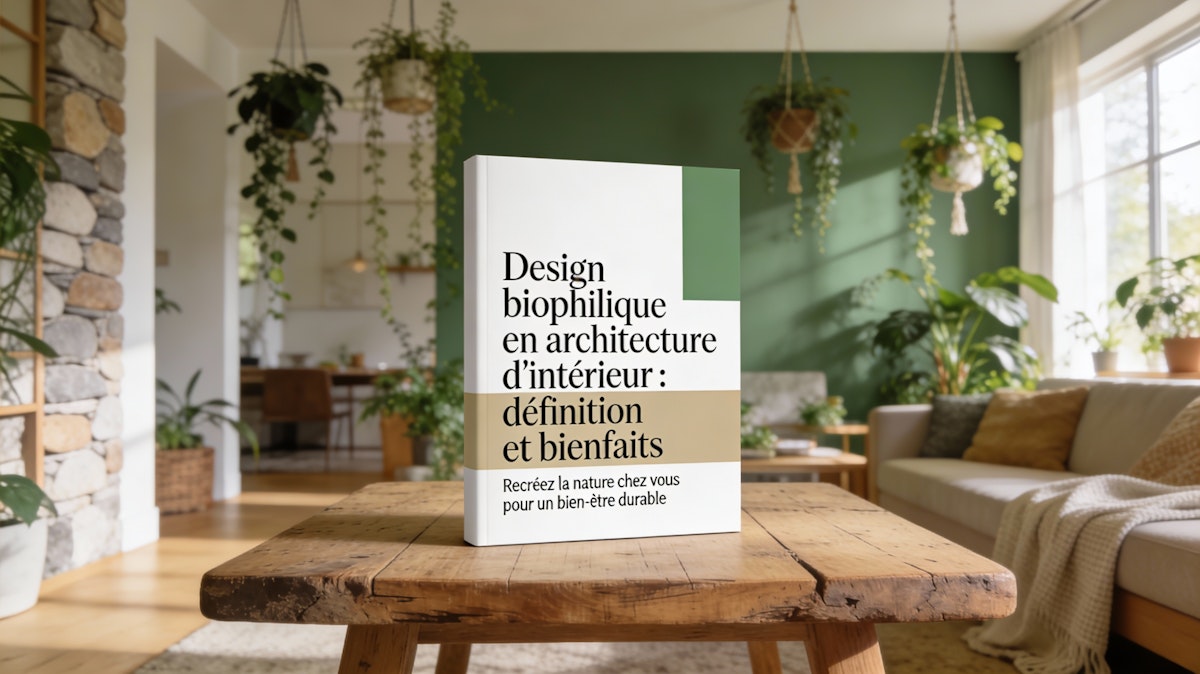 `Mockup ebook design biophilique sur table bois brut, couverture « Design biophilique en architecture d'intérieur : définition et bienfaits », intérieur plantes suspendues lumière naturelle textures organiques`