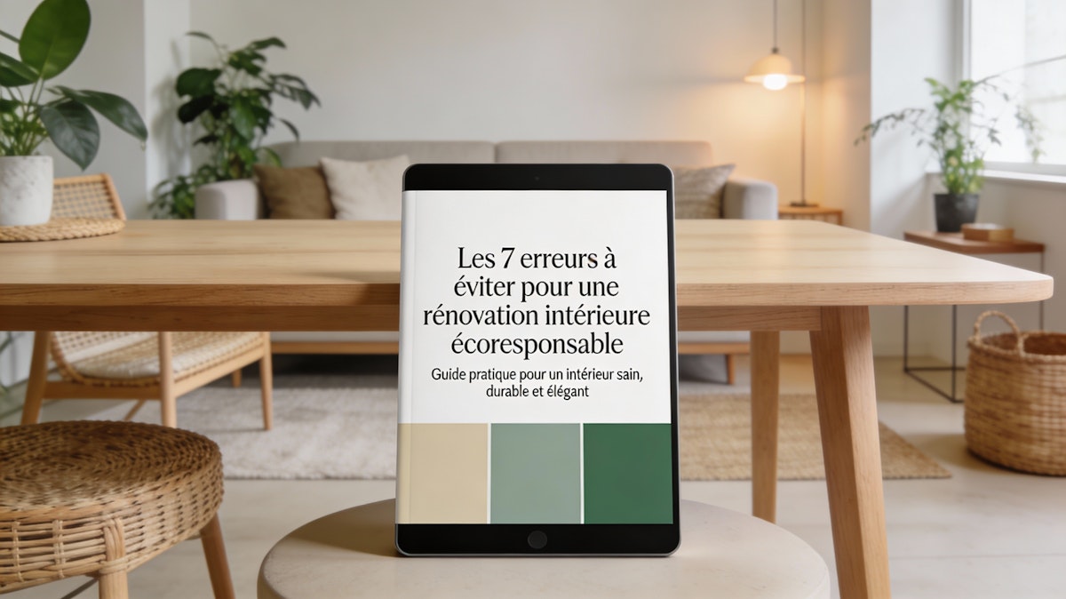 tablette avec le titre "les 7 erreurs à éviter pour une rénovation intérieure écoresponsable" devant une table de salle à manger en bois