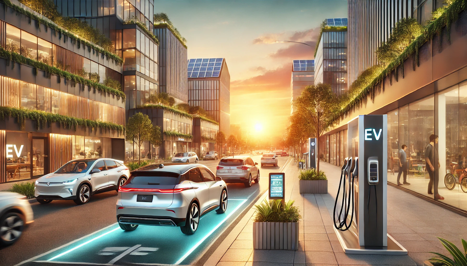 City street at sunset featuring an EV charging station, modern buildings with green technology, and pedestrians, showcasing sustainable urban living.