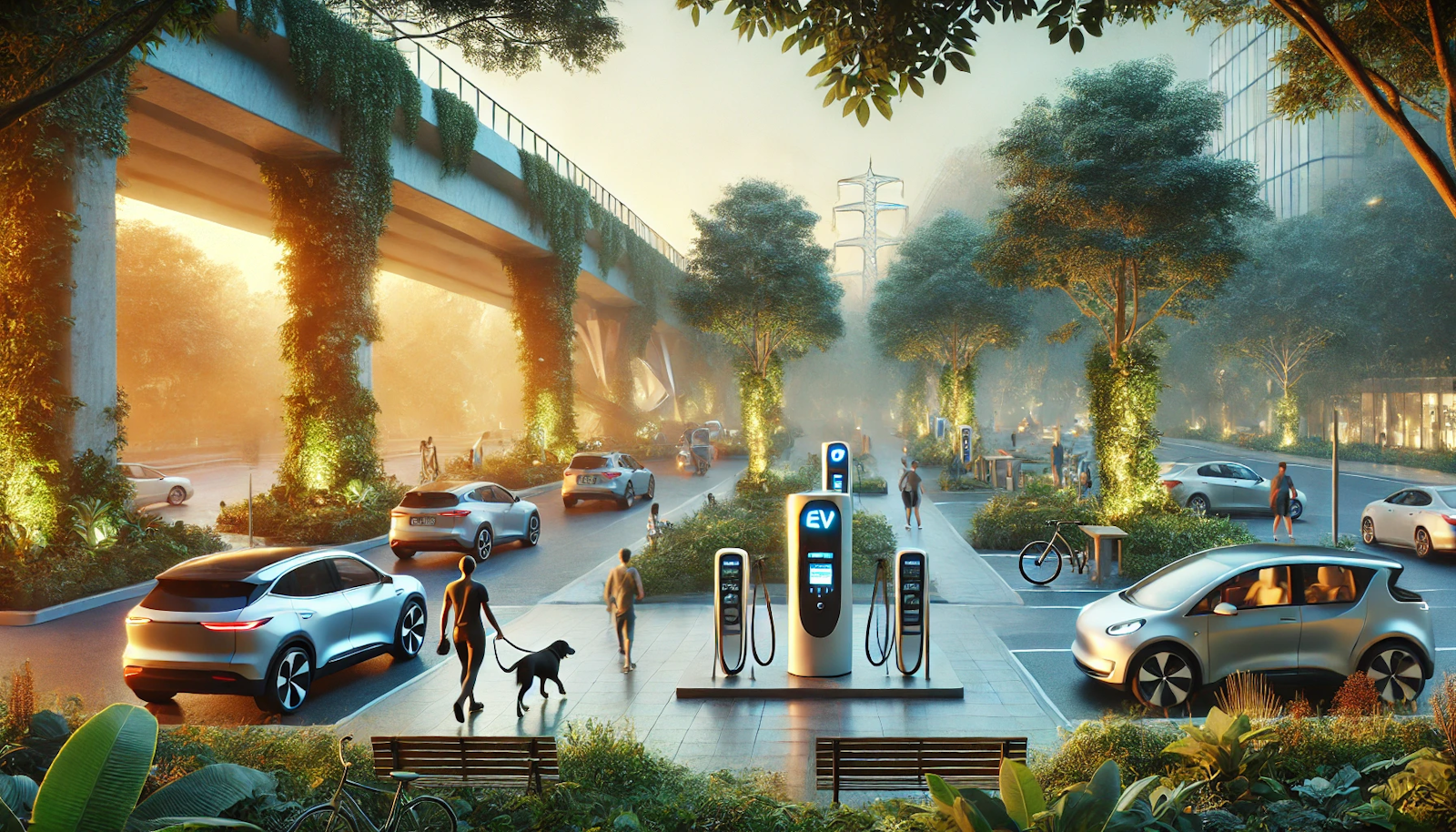 Urban park at dawn with a modern EV charging station, joggers, and greenery, showcasing the integration of technology and nature.