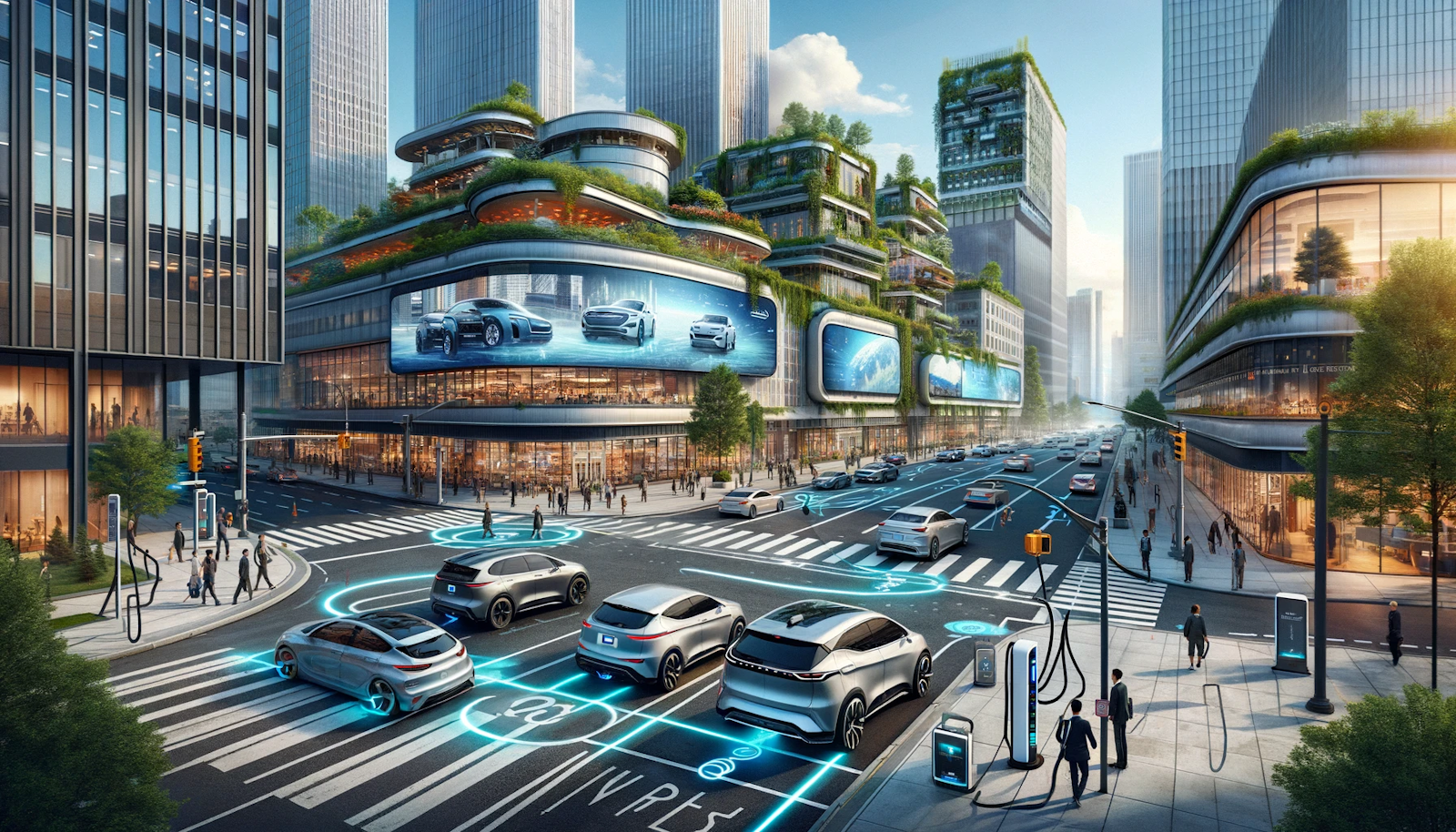 Bustling city intersection with diverse electric vehicles using wireless charging technology, surrounded by digital billboards promoting EV advancements, amidst buildings with vertical gardens and solar panels, showcasing a sustainable and innovative urban future.