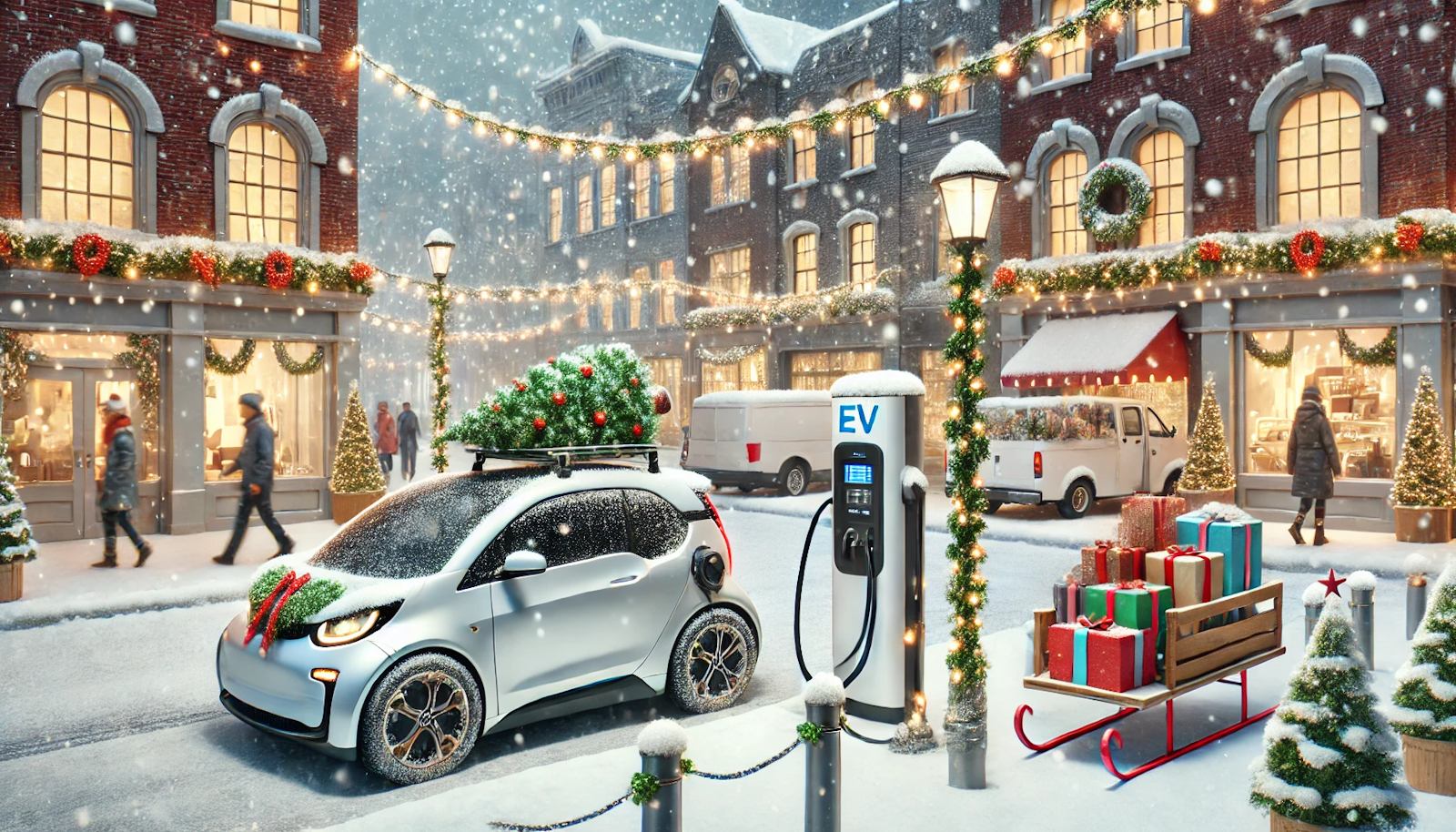 Snowy city street with a festive EV charging station, holiday lights, and people in winter attire, showcasing sustainable urban living during the holidays.