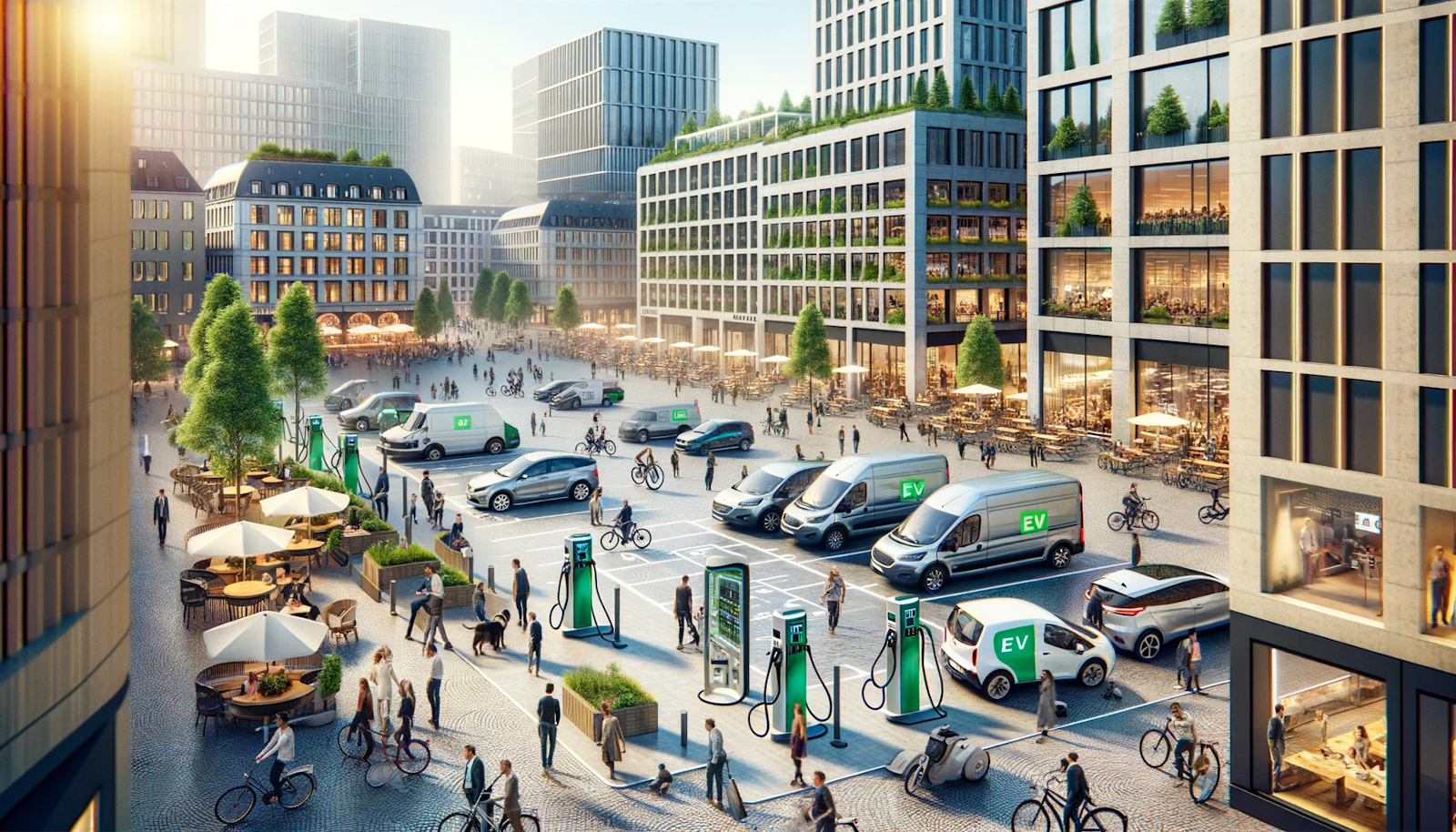 City square at noon with an EV charging station, active with people and surrounded by urban greenery, showcasing sustainable transport.