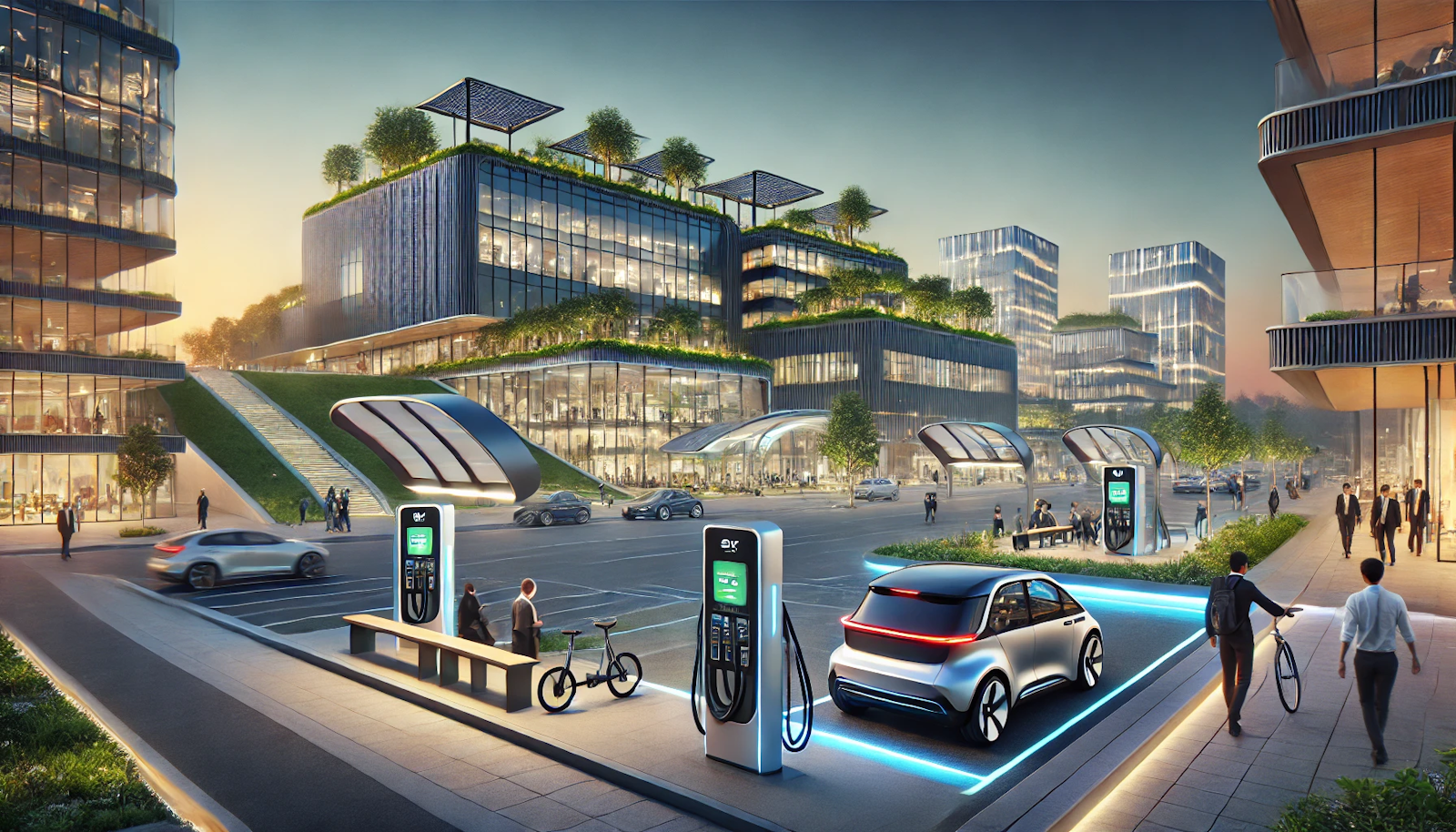 Futuristic tech campus at dusk featuring an advanced EV charging station and modern buildings, with tech professionals interacting with sustainable technology.