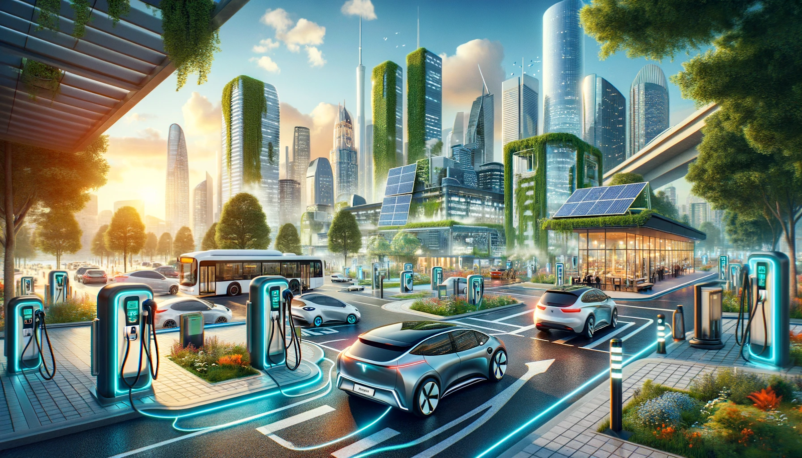 Futuristic cityscape with integrated electric vehicle charging stations among electric cars, buses, and trucks in a sustainable urban environment.