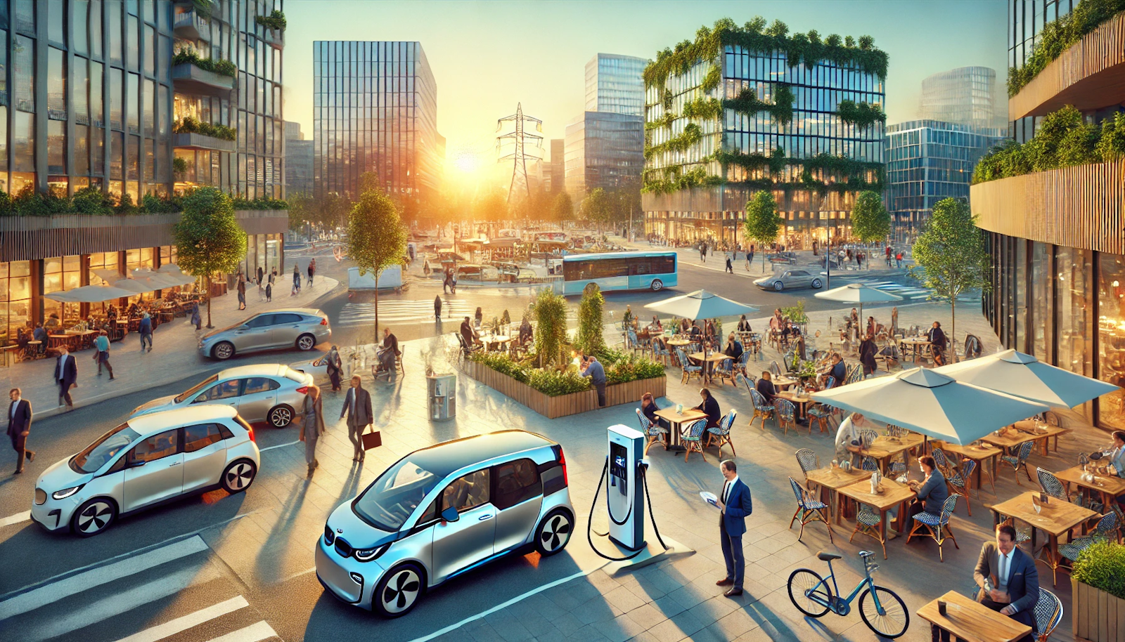 Urban plaza at sunrise with an EV charging station, bustling cafes, and morning commuters, surrounded by modern buildings and public art, showcasing sustainable city transport.