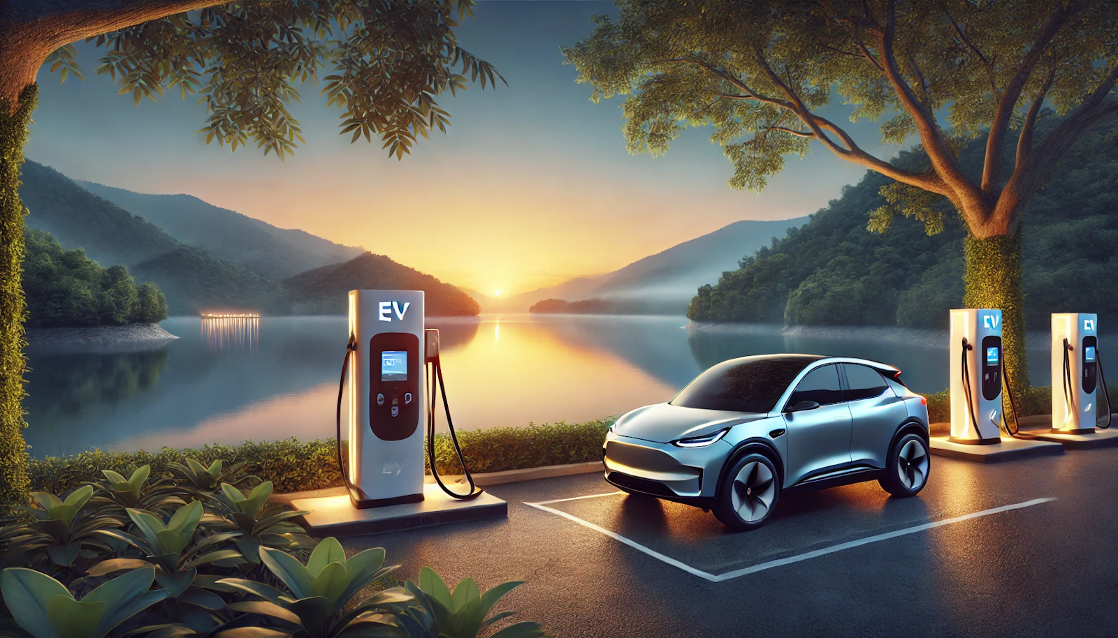 Lakeside scene at dusk with an electric vehicle (EV) charging station, surrounded by serene water, mountains, and lush trees, showcasing sustainable technology in nature.