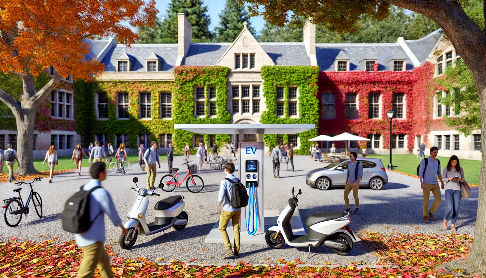 Autumnal college campus with an EV charging station, students walking and cycling among colorful leaves, and classic ivy-covered buildings, showcasing sustainable campus transportation.