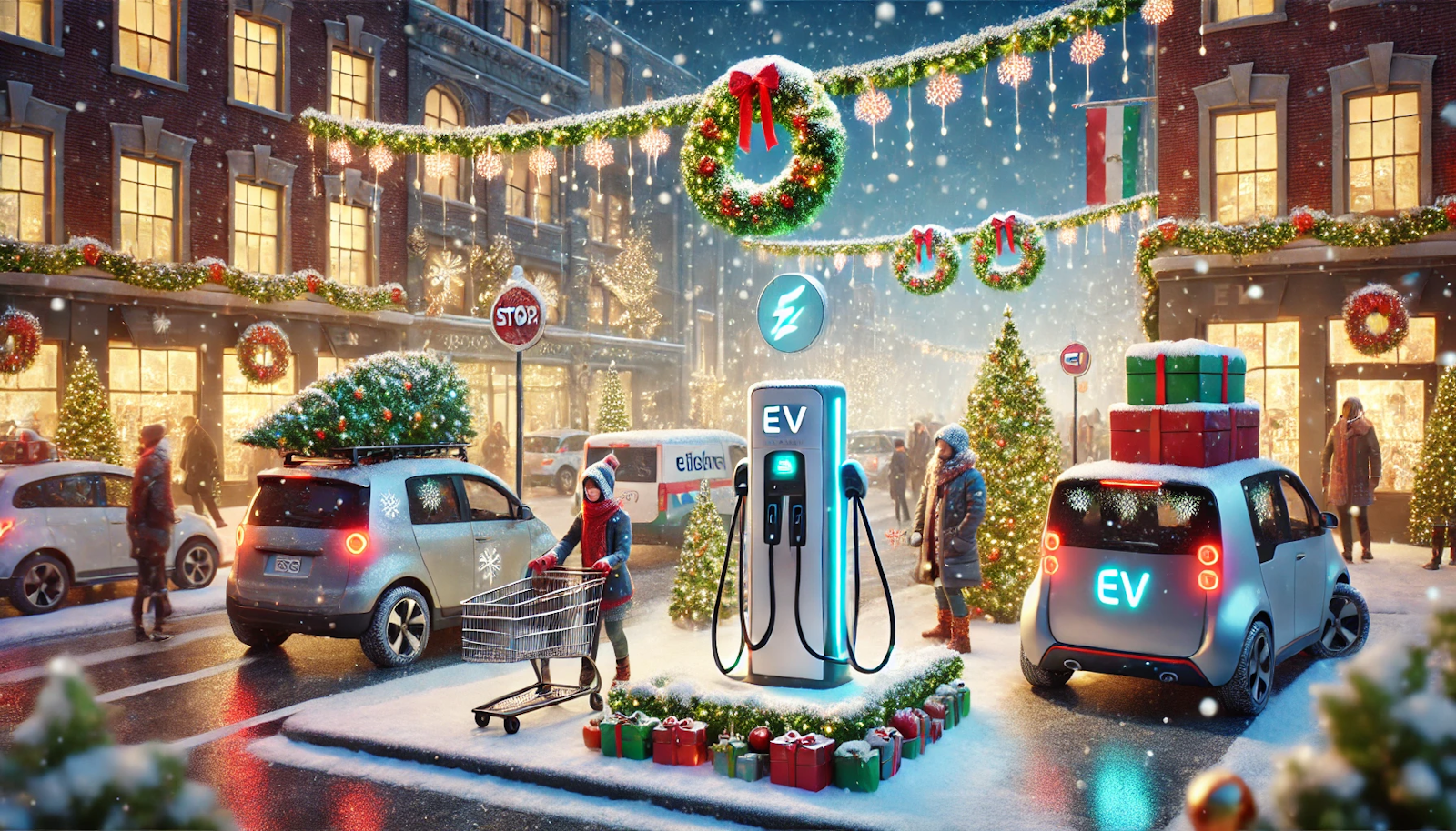 Festive city street with a decorated EV charging station and falling snow, featuring people and cars, including a family car with a Christmas tree, celebrating sustainable urban transport during the holiday season.