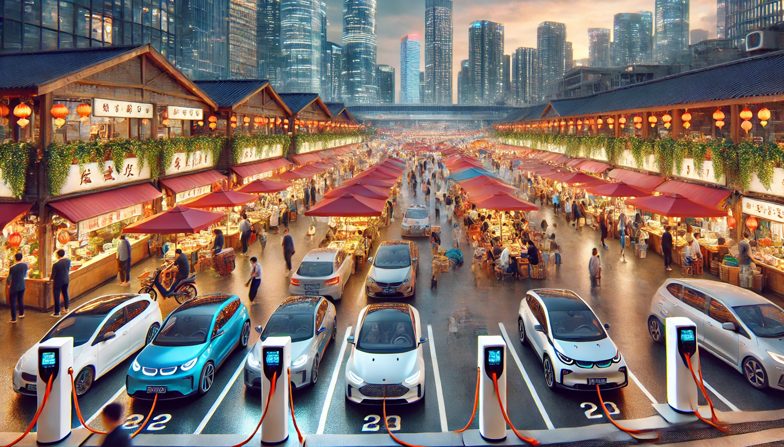 "Evening urban food market with a busy EV charging station and a variety of electric vehicles, surrounded by lively food stalls and colorful lights, highlighting sustainable urban transportation.