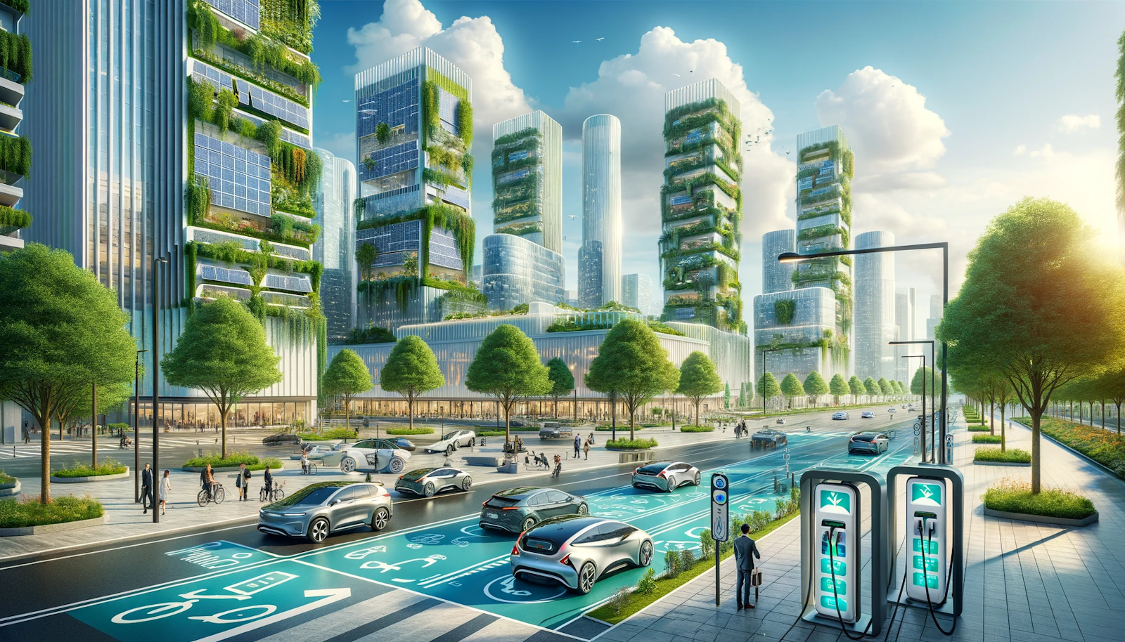 Futuristic cityscape with high-rise buildings featuring vertical gardens and solar panels, bustling streets with electric vehicles, and pedestrian-friendly, tree-lined sidewalks, exemplifying sustainable urban living.