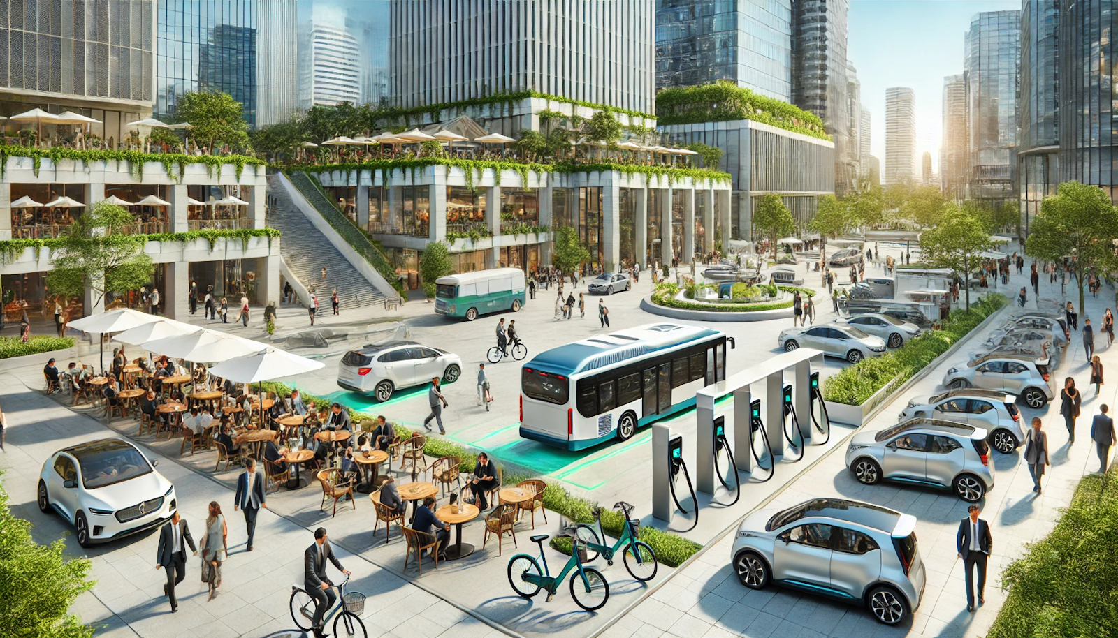 Urban plaza with an EV charging station, people, and cafes, surrounded by modern architecture and greenery, depicting sustainable city life.