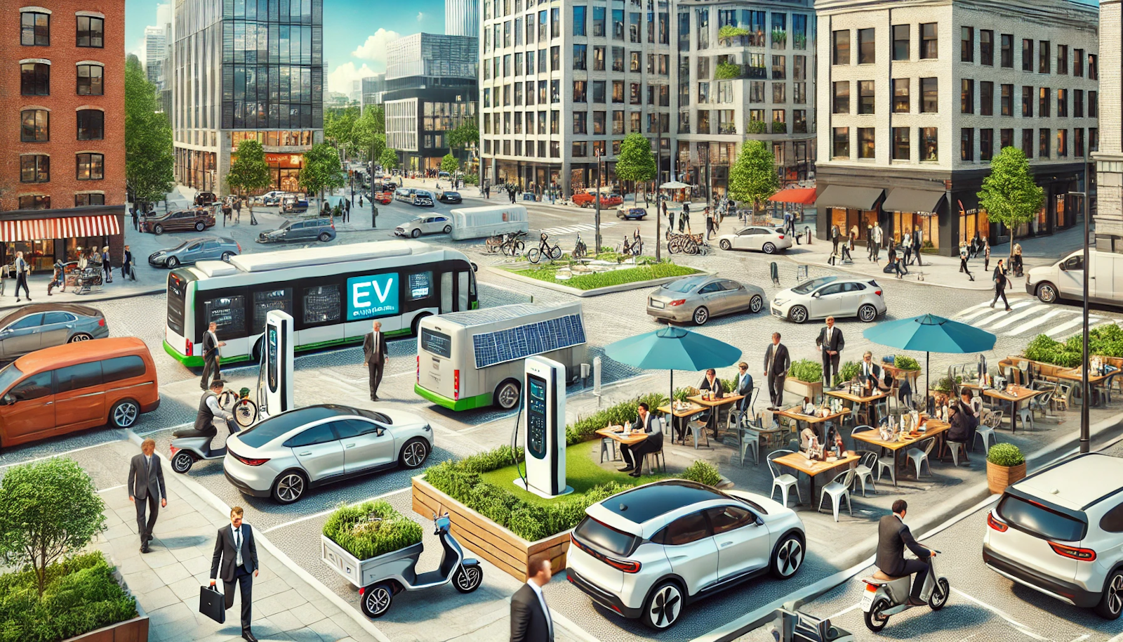 Bustling city square at lunchtime with a modern EV charging station, office workers, street vendors, and a backdrop of modern buildings, showcasing sustainable urban transport.