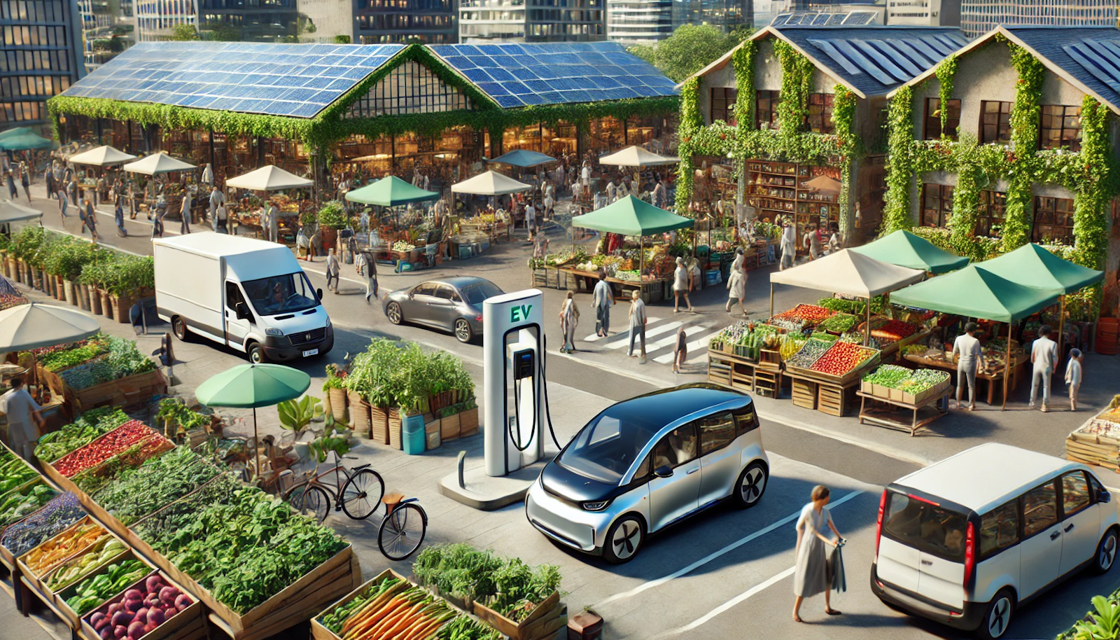 Vibrant sustainable city marketplace with an EV charging station among stalls selling organic goods, showcasing community commitment to green living.