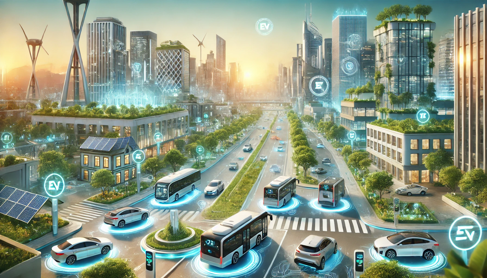 Futuristic city with electric vehicles, wireless charging roads, and eco-friendly skyscrapers powered by renewable energy